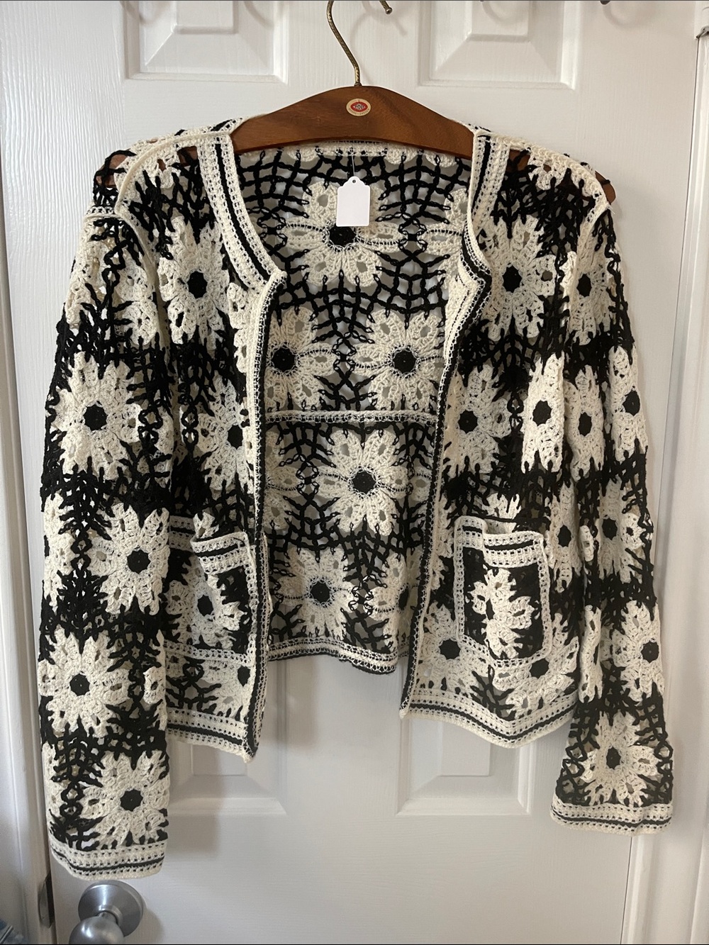 Cream & Black Floral Crochet Cardigan Sweater - Picture 2 of 4